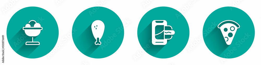 Set Ice cream in the bowl, Chicken leg, Food ordering on mobile and Slice of pizza icon with long shadow. Vector Set Ice cream in the bowl, Chicken leg, Food ordering on mobile and Slice of pizza icon with long shadow. Vector