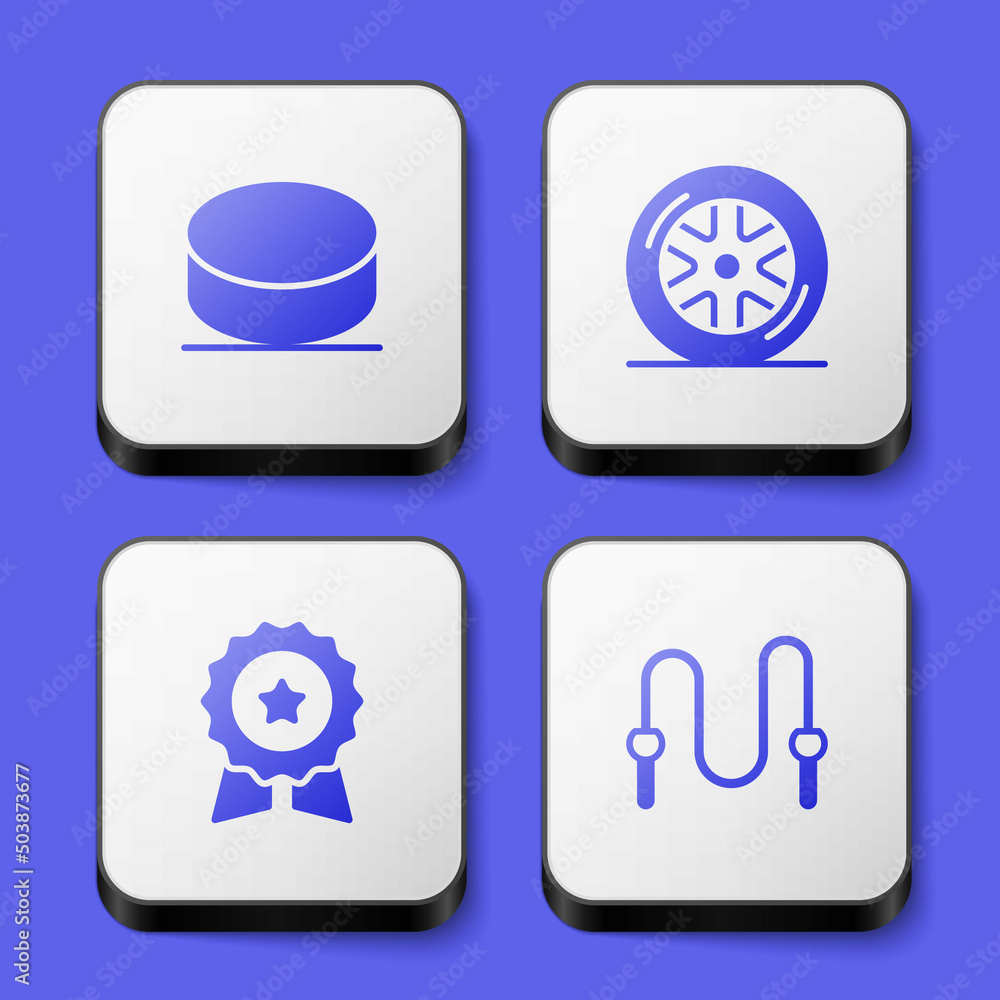Set Hockey puck, Car wheel, Medal with star and Jump rope icon. White square button. Vector