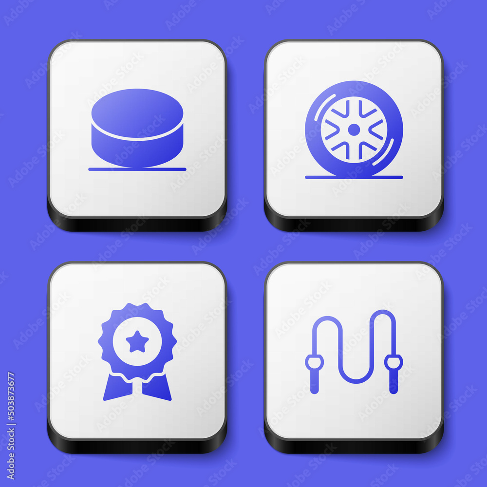 Set Hockey puck, Car wheel, Medal with star and Jump rope icon. White square button. Vector Set Hockey puck, Car wheel, Medal with star and Jump rope icon. White square button. Vector