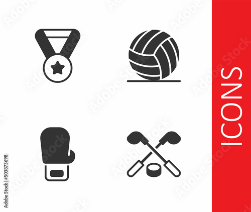 Set Ice hockey sticks and puck, Medal, Boxing glove and Volleyball ball icon. Vector