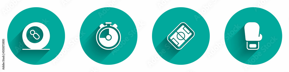 Set Billiard pool snooker ball, Stopwatch, Football field and Boxing glove icon with long shadow. Vector Set Billiard pool snooker ball, Stopwatch, Football field and Boxing glove icon with long shadow. Vector