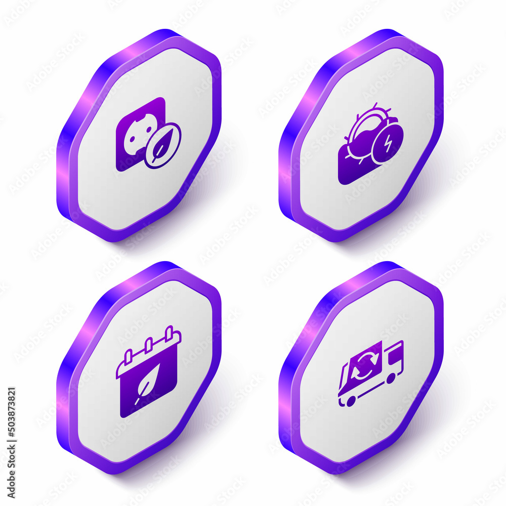 Set Isometric Electrical outlet, Water mill, Calendar with autumn leaves and Garbage truck icon. Purple hexagon button. Vector Set Isometric Electrical outlet, Water mill, Calendar with autumn leaves and Garbage truck icon. Purple hexagon button. Vector