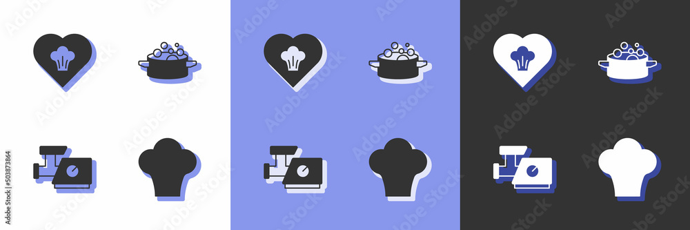 Set Chef hat, Kitchen meat grinder and Cooking pot icon. Vector Set Chef hat, Kitchen meat grinder and Cooking pot icon. Vector