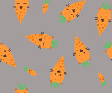 Cute trendy pattern with funny carrots with lion muzzles on a gray background.