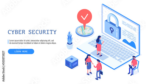 People are working on Cyber Security. Web banner, infographics. Isometric vector illustration.