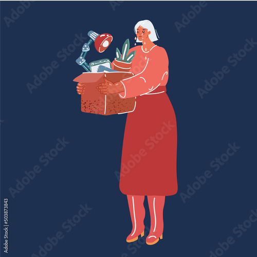Cartoon vector illustration of dismissing an employee. Dejected fired office worker carrying a box full of belongings. Getting fired concept.