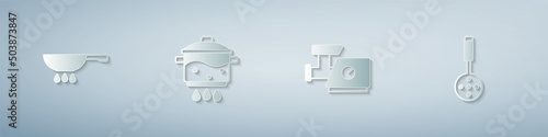 Set Frying pan on fire, Cooking pot, Kitchen meat grinder and Spatula. Paper art style. Vector