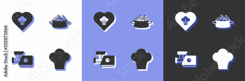 Set Chef hat, Kitchen meat grinder and Cooking pot icon. Vector