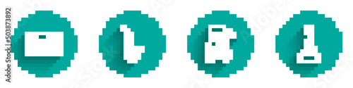 Set Music synthesizer, Saxophone, Metronome with pendulum and Balalaika icon with long shadow. Vector