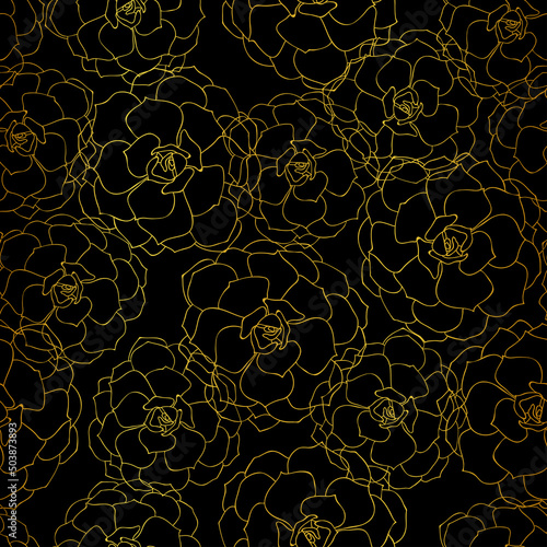 Seamless golden succulent flowers outline pattern design