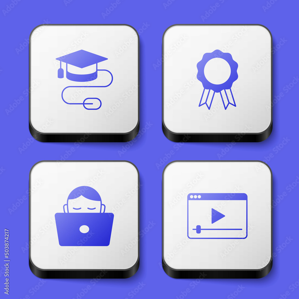 Set Graduation cap with mouse, Online education diploma, Student working laptop and play video icon. White square button. Vector Set Graduation cap with mouse, Online education diploma, Student working laptop and play video icon. White square button. Vector