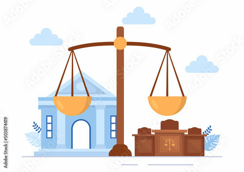 Court there is Justice, Decision and Law with Laws, Scales, Buildings, Wooden Judge Hammer in Flat Cartoon Design Illustration