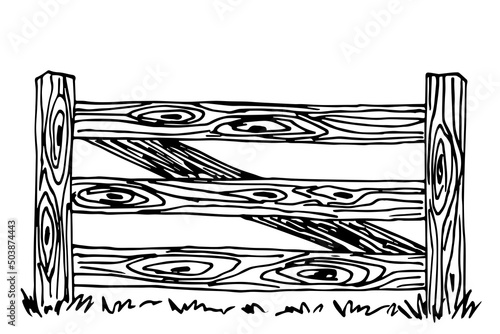 Simple black outline vector drawing. Farm fence from boards, ranch. Cattle corral. Ink sketch.