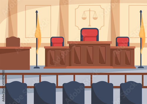 Court Room Interior with Judge or Jury Table, Flag and Wooden Judge's Hammer in Flat Cartoon Design Illustration