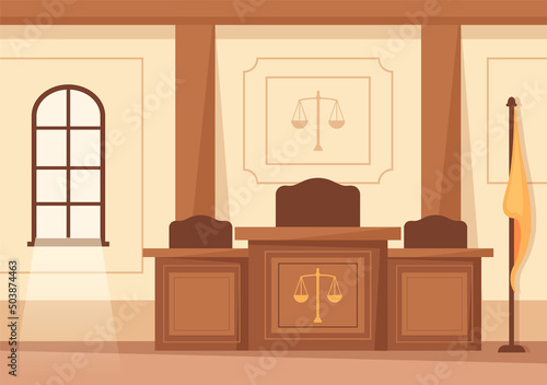 Court Room Interior with Judge or Jury Table, Flag and Wooden Judge's Hammer in Flat Cartoon Design Illustration