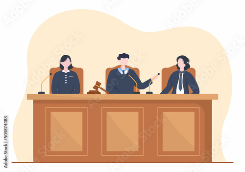 Court Room with Lawyer, Jury Trial, Witness or Judges and the Wooden Judge's Hammer in Flat Cartoon Design Illustration