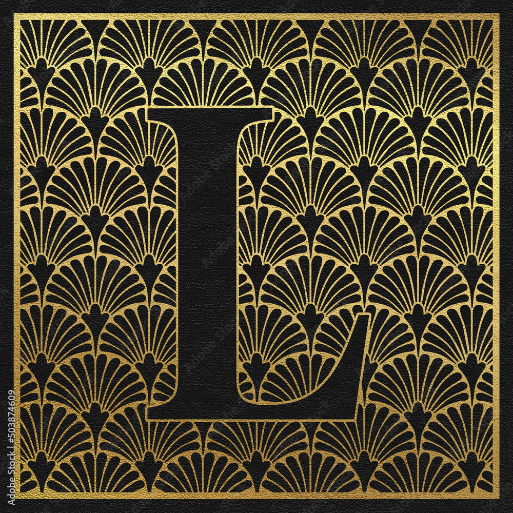 Latin letter on classic Art Deco abstract background. Gold scrapbook paper. Letter L Latin letter on classic Art Deco abstract background. Gold scrapbook paper. Letter L