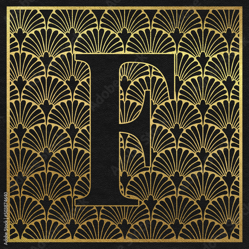 Latin letter on classic Art Deco abstract background. Gold scrapbook paper. Letter F