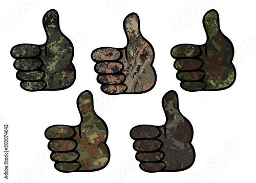 Camouflage khaki military like hand sign. Clip art set on white