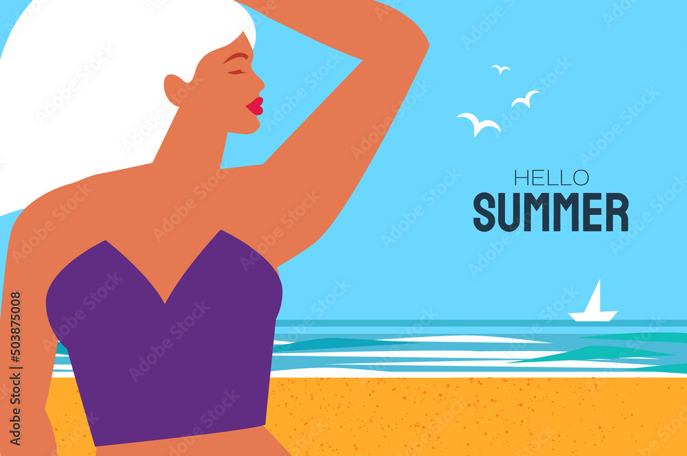 Hello summer. Time to travel. Happy young woman with sunburnt skin on a tropical beach wearing purple swimwear. Summertime. Sea, sky, palms and beautiful beach.
