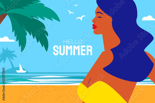 Hello summer. Time to travel. Happy young woman with sunburnt skin on a tropical beach wearing bright yellow swimwear. Summertime. Sea  sky  palms and beautiful beach.