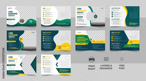 Lawn Mower Garden or Landscaping Service Postcard Template or Agro Firm Eddm Postcard template Set
