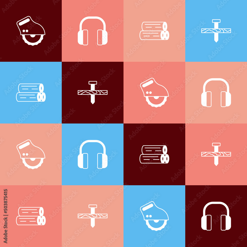 Set pop art Electric circular saw, Headphones, Wooden log and Metallic nail icon. Vector Set pop art Electric circular saw, Headphones, Wooden log and Metallic nail icon. Vector