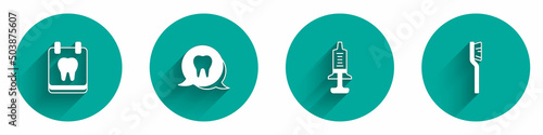 Set Calendar with tooth, Tooth, Syringe and Toothbrush icon with long shadow. Vector