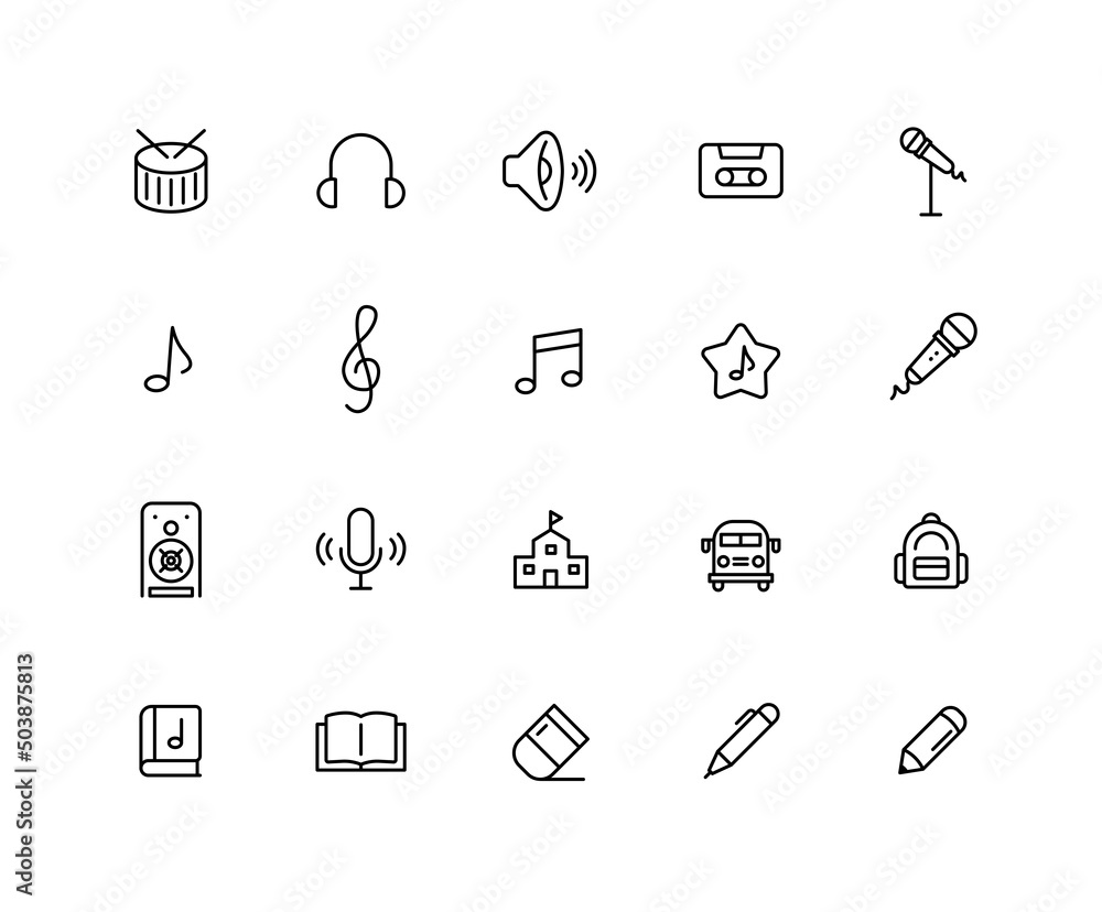 Collection of music class linear icons. Set of music note symbols drawn with thin contour lines. Vector illustration. Collection of music class linear icons. Set of music note symbols drawn with thin contour lines. Vector illustration.