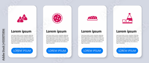 Set Bottle of sake, Fish steak, Homemade pie and Zongzi in bamboo steamer. Business infographic template. Vector