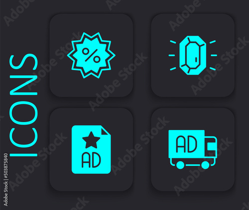 Set Advertising on truck, Discount percent tag, Diamond and icon. Black square button. Vector