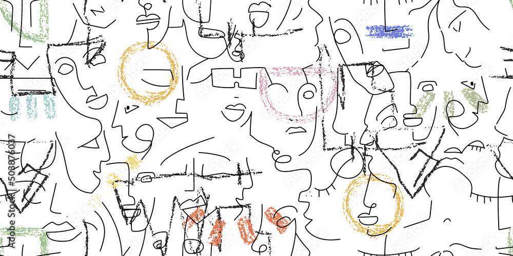Obraz premium One line drawing. Abstract face seamless pattern.