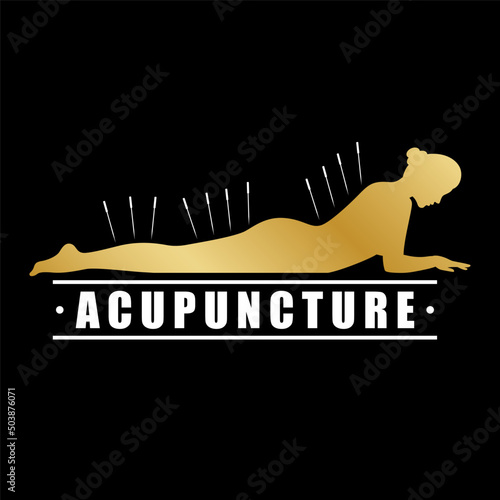 Acupuncture logo design alternative therapy sign. Chinese massage spa, body care. Healthing procedures. Gold Relaxation. Vector illustration