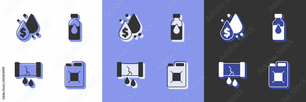 Set Canister for gasoline, Oil drop with dollar symbol, Broken oil pipe valve and petrol test tube icon. Vector Set Canister for gasoline, Oil drop with dollar symbol, Broken oil pipe valve and petrol test tube icon. Vector