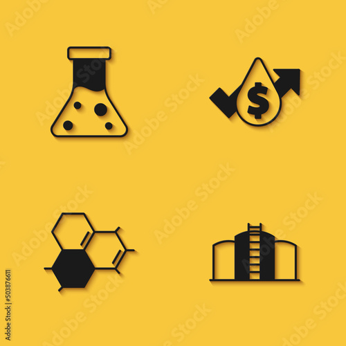 Set Oil petrol test tube, tank storage, Molecule oil and price increase icon with long shadow. Vector