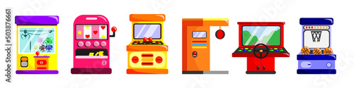 Set of colorful game machines in cartoon style. Vector illustration of gambling for casinos and entertainment complexes on white background.