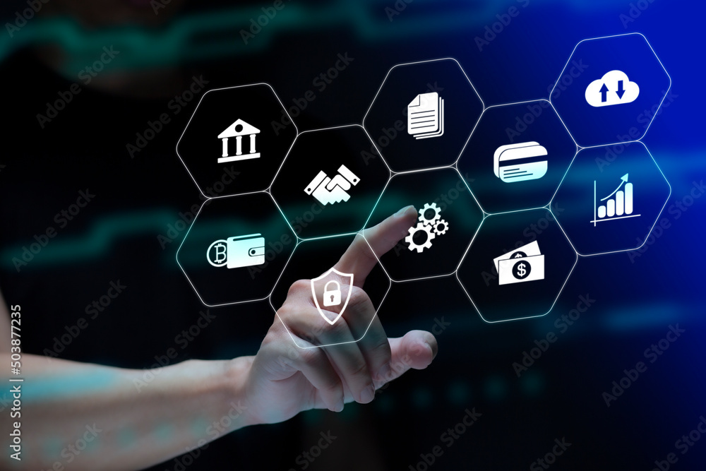 Businessman touches virtual screen technology to do online transactions via internet Connect data to the world. concept of global data connection by internet technology, big data system. Businessman touches virtual screen technology to do online transactions via internet Connect data to the world. concept of global data connection by internet technology, big data system.