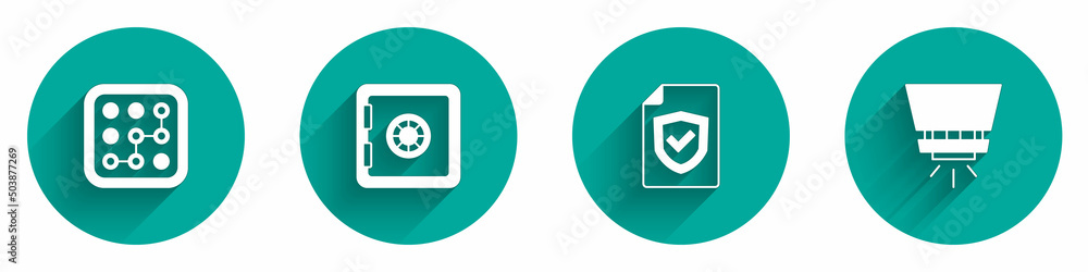 Set Graphic password protection, Safe, Contract with shield and Fire sprinkler system icon with long shadow. Vector Set Graphic password protection, Safe, Contract with shield and Fire sprinkler system icon with long shadow. Vector