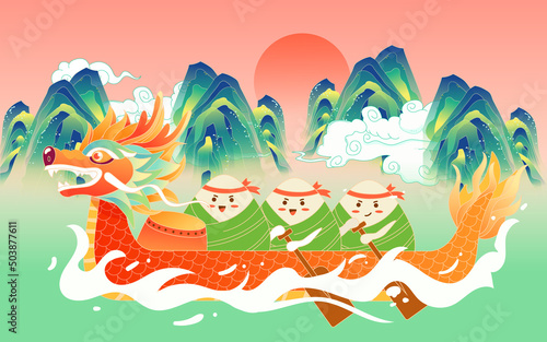 Dragon Boat Festival people racing dragon boats in the river with waves and zongzi in the background, vector illustration