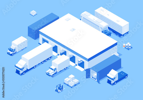 Truck transportation parked unloading box pallet at warehouse isometric vector illustration. Freight export import shipment cargo delivery service storehouse supply industrial business container