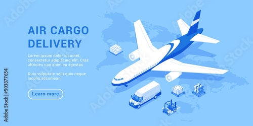 Air cargo delivery landing page isometric vector illustration. Global logistic transportation commercial service fast freight distribution. Aircraft airplane goods shipping express import export