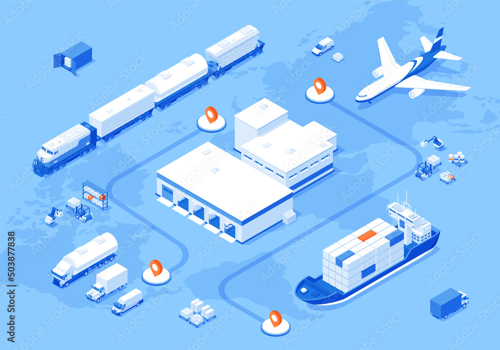 Logistic map delivery way international shipment air truck maritime train isometric vector illustration. Global cargo transportation import export distribution information banner automation technology - obrazy, fototapety, plakaty 