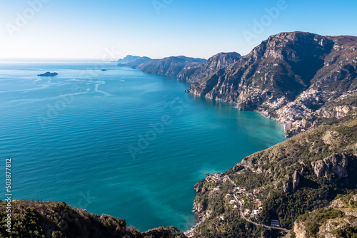 Panoramic view from hiking trail Path of Gods between coastal towns Positano and Praiano. Trekking in Lattari Mountains, Apennines, Amalfi Coast, Campania, Italy, Europe. Coastline Mediterranean Sea © Chris