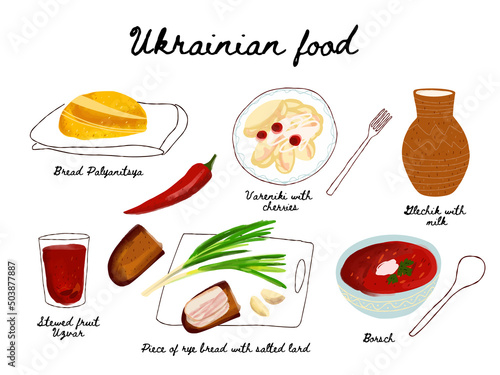 Set illustration of ukrainian food bread palyanytsya, borscht, rye bread with bacon, green onions and garlic, vareniki with cherries, uzvar dried fruit compote