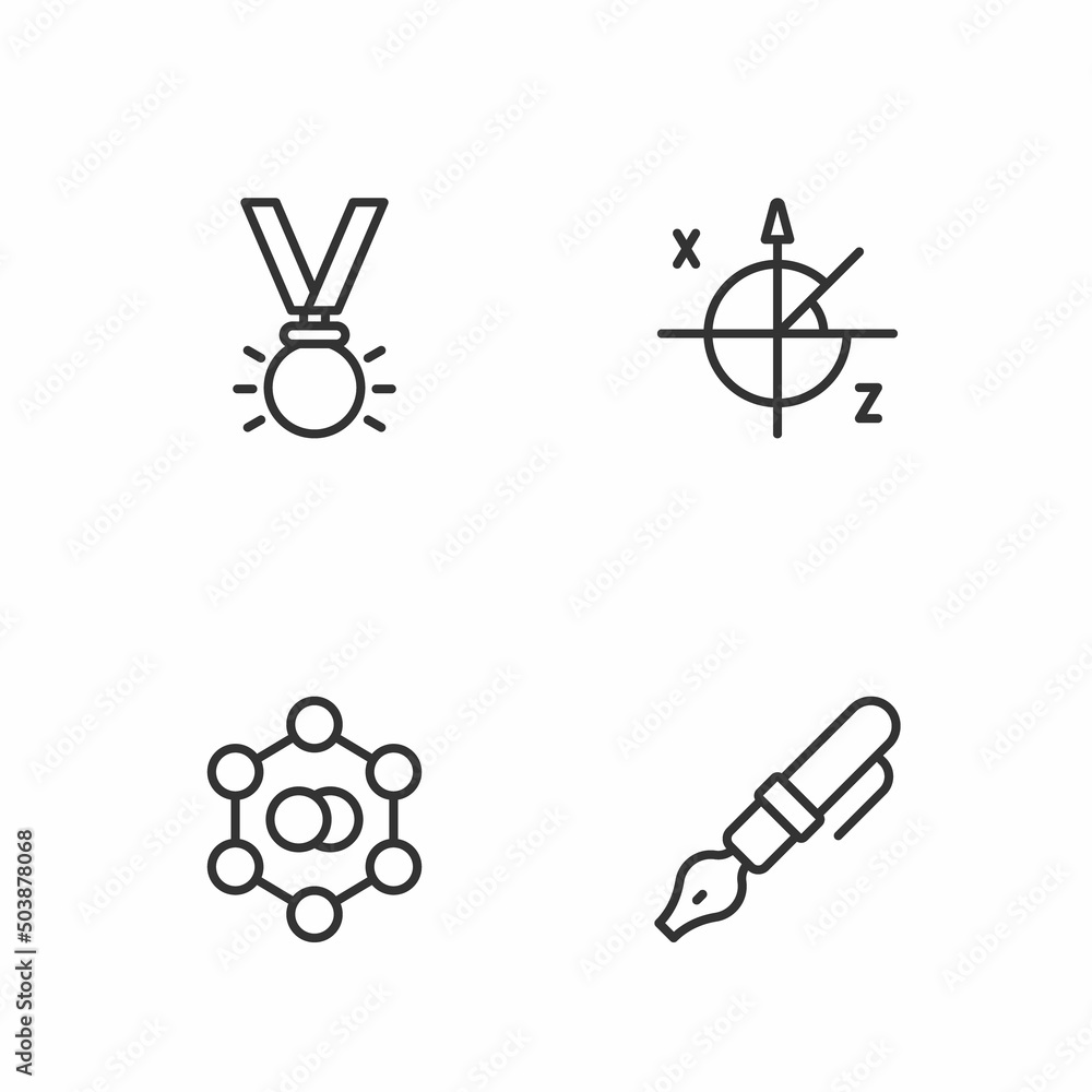 Set line Fountain pen nib, Molecule, Medal and Trigonometric circle icon. Vector Set line Fountain pen nib, Molecule, Medal and Trigonometric circle icon. Vector