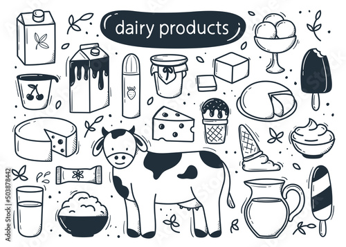 Dairy products set in hand drawn doodle style