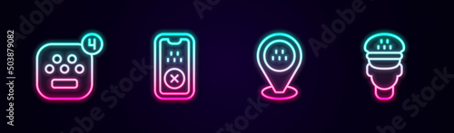 Set line Taxi mobile app, Location taxi car and driver. Glowing neon icon. Vector