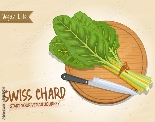 Swiss Chard green leafy vegetable  vector illustration with a knife on brown background