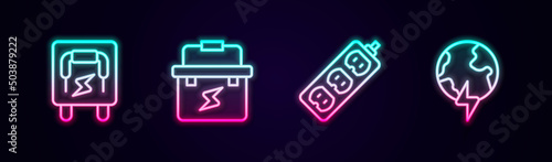 Set line Electrical panel, Toolbox electrician, extension and Global planet with thunderbolt. Glowing neon icon. Vector