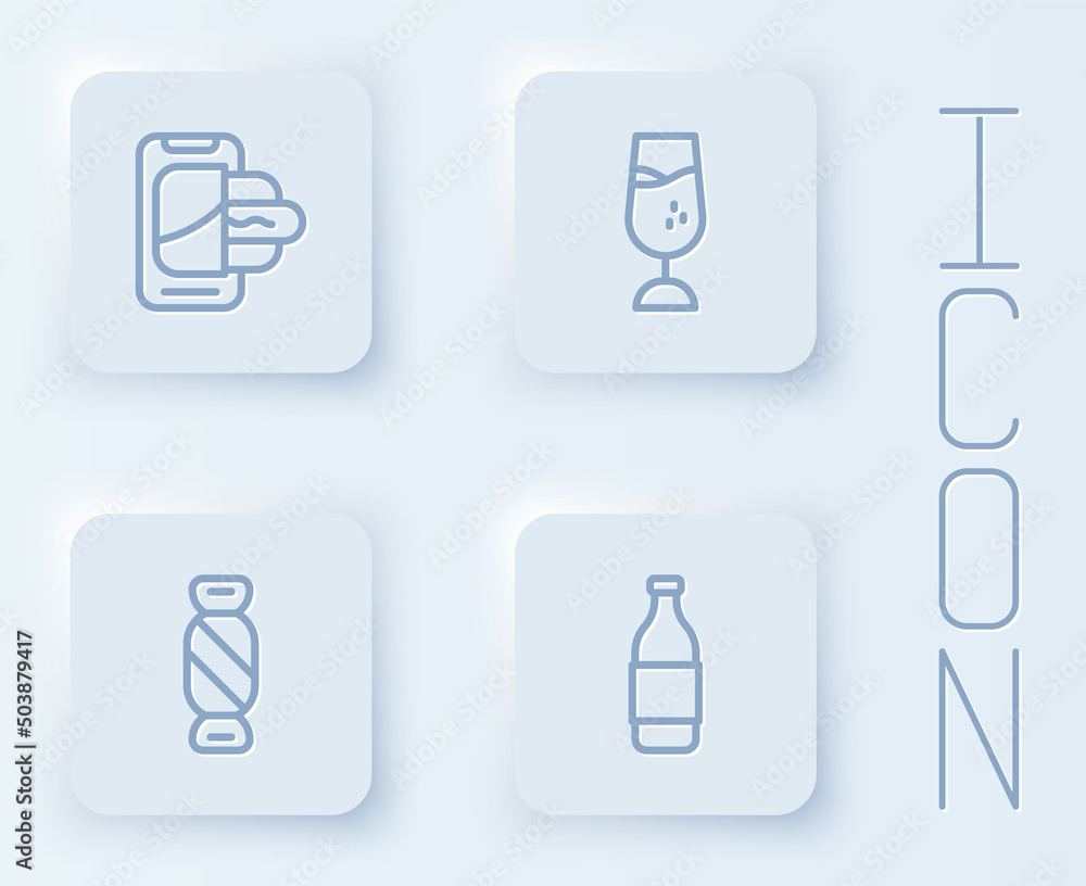 Set line Food ordering on mobile, Wine glass, Candy and Bottle of wine. White square button. Vector Set line Food ordering on mobile, Wine glass, Candy and Bottle of wine. White square button. Vector